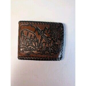 Vintage Hand Tooled Leather Wallet Deer Forest Scene Western Bifold Snap Brown